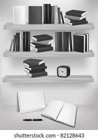 Bookshelf with books and table. Vector illustration.