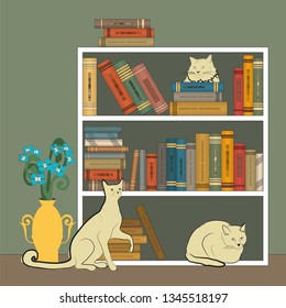 Bookshelf with books, three white cats and a nearby vase of flowers. Fragment of home interior. Vector illustration