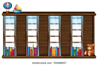 Bookshelf with books and toys