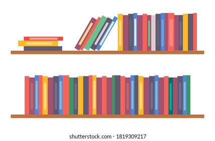 Bookshelf with books, vector simple icon with collection or set of colorful folders, shelves with notebooks, wooden furniture for office using, element of interior design for home, books lean on row