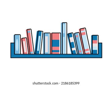 Bookshelf with books, vector simple icon with collection or set of colorful folders, shelves with notebooks, wooden furniture for office using, element of interior design for home, books lean on row