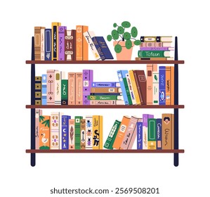 Bookshelf with books. Wall shelf, home library. Bookcase with education literature, many novel spines standing vertical and stacked in rows. Flat vector illustration isolated on white background