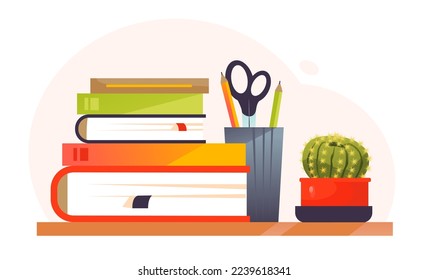 A bookshelf with books and writing materials. A stack of books on a shelf. Vector cartoon illustration.
