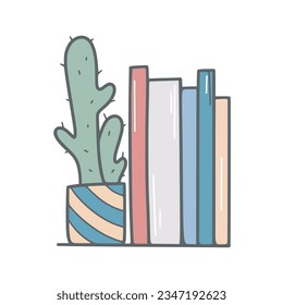 Bookshelf and cactus hand drawn vector illustration. Home shelf with textbooks and houseplant. Reading books concept doodle style