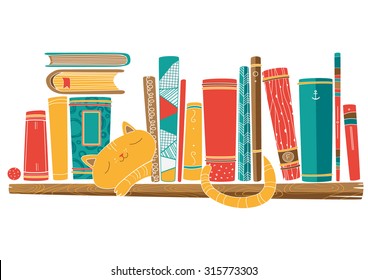 Bookshelf with cat. Vector