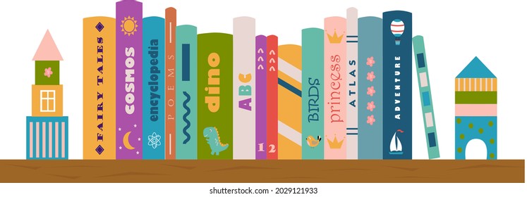 Bookshelf with children's books. Literature for kids. Children's reading. Colorful books covers. Fairy tales, encyclopedia, atlas, adventure, ABC. Banner for library, bookstore, fair, festival. 
