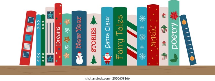 Bookshelf With Christmas Books. Shelf With Childrens Books. Winter Reading. Christmas Reading. Fairy Tails, Stories, Poetry. Books About Winter, Christmas, New Year. Vector Illustration.