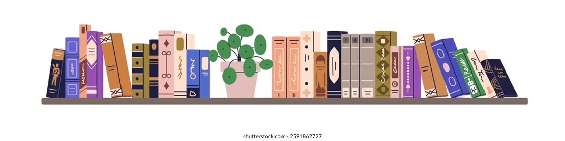 Bookshelf with classic novels for reading. Book spines, covers standing upright in row. Fiction literature in home library with potted plant. Flat vector illustration isolated on white background