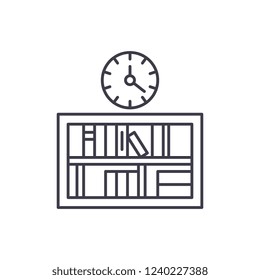 Bookshelf with clock line icon concept. Bookshelf with clock vector linear illustration, symbol, sign