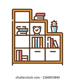 Bookshelf color line icon. Standing furniture with horizontal shelves, often in a cabinet, used to store books. Pictogram for web page, mobile app, promo. UI UX GUI design element.