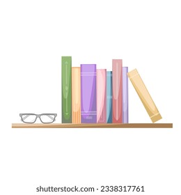 Bookshelf with colored books and glasses.  Concept of learning. Book fair, reading club, world book day concept. Vector illustration.