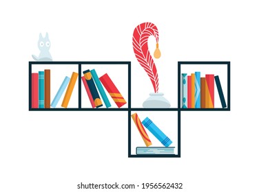 Bookshelf with colorful books. Back to school and education study wall concept. Library interior element. Flat reading books illustration