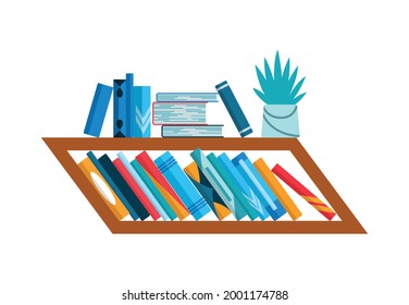 Bookshelf with colorful books. Back to school and education study wall concept. Library interior element. Flat reading books illustration