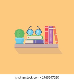 Bookshelf with colorful books and cactus on light yellow wall background. Vector illustration for logo, greeting card book club, library.
