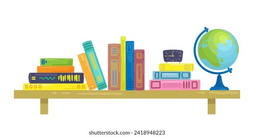 Librería con reloj de libros coloridos y globo. Al estilo de las caricaturas. Aislado sobre fondo blanco. Ilustración plana del vector