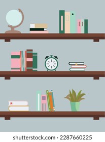 bookshelf with colorful books, clock, Globus on gray background
