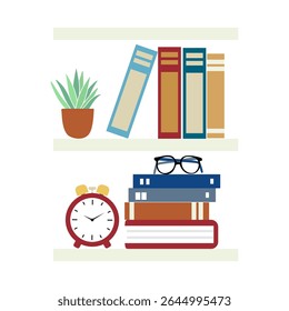 Bookshelf with Colorful Books, Red Alarm Clock, Black Glasses, and Green Plant for Reading