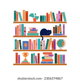 Bookshelf concept illustration. A lot of books on the shelf, clock, cat, plant and globe