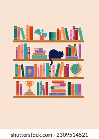 Bookshelf concept illustration. A lot of books on the shelf, clock, cat, plant and globe. Vector design