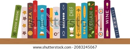 Bookshelf with cook books, recipe books. Shelf with books about cooking, food and drinks. Banner for library, bookstore, book shop.   Vector illustration in flat style.