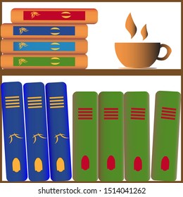 bookshelf and cup of coffee