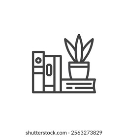 Bookshelf Decor line icon. linear style sign for mobile concept and web design. Books on shelf with plant outline vector icon. Symbol, logo illustration. Vector graphics