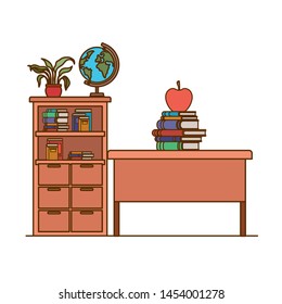 bookshelf and desk of teacher with school books