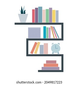 Bookshelf with different size and color of books. Plant and clock and calendar in pastel colors. Decorative in home and office. Vector illustration.