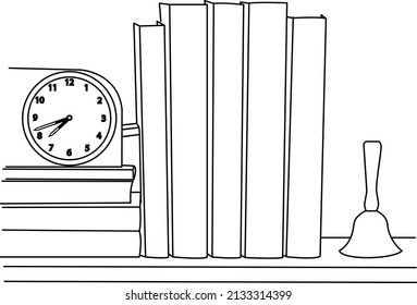 Bookshelf, doodle, clock, bell, graphic black and white isolated sketch illustration vector