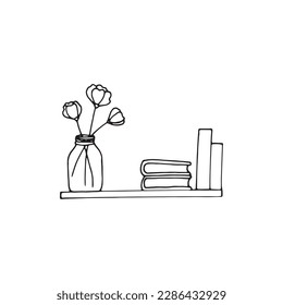 Librería en forma de doodle para portátiles, carteles, postales. Masa con flores y libros en el estante. 