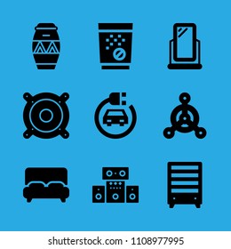 bookshelf, drum, speaker, mirror, electric car, sound system, chemical weapon, bed and tablets vector icon. Simple icons set