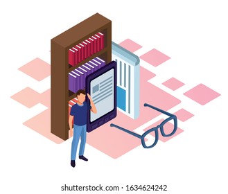 bookshelf, ebook device and man standing over white background, isometric and colorful design, vector illustration