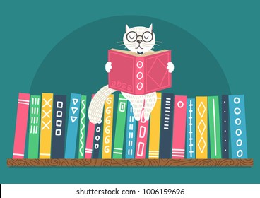 Bookshelf With Fantasy Clever White Cat Reading Book On Teal Background.  Vector Illustration.