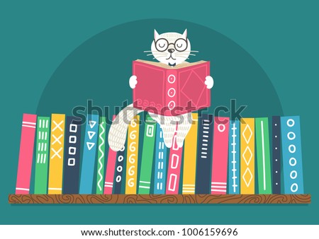 Bookshelf with fantasy clever white cat reading book on teal background.  Vector illustration.