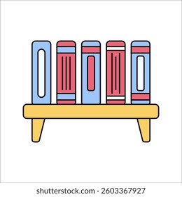 Bookshelf Flat design style, wooden shelf with books, symbolizing education, knowledge, and organization, ideal for library and academic designs.