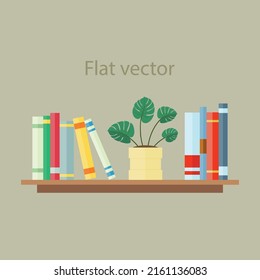 Bookshelf. Flat vector. Shelf with books and flower.
