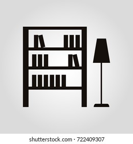Bookshelf and floor lamp isolated flat vector icon
