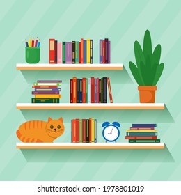 bookshelf with flower, books, alarm clock, crayons and a cat. vector illustration
