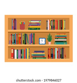 bookshelf with flower, books, alarm clock, crayons . vector illustration