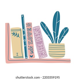 Bookshelf with flower pot. Cute vector hand drawn illustration. 