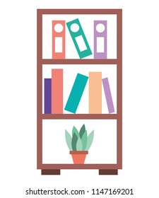 bookshelf folders books and potted plant