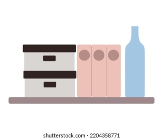 Bookshelf with folders, boxes and bottle isolated on white background. Simple flat style. 