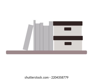 Bookshelf with folders and boxes isolated on white background. Simple flat style. 