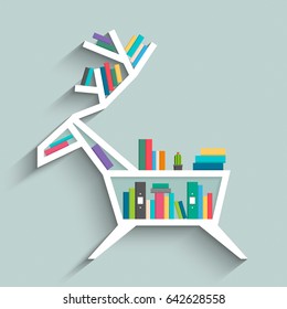 Bookshelf in form of deer with colorful books, clock and cactus on blue pastel color background. Flat design. Vector illustration.