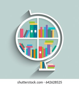 Librería en forma de globo con libros coloridos sobre fondo azul pastel. Diseño plano. Ilustración vectorial.