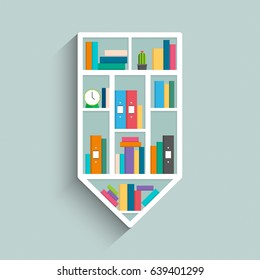 Bookshelf in form of pencil with colorful books on blue pastel color background. Flat design. Vector illustration.