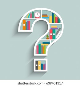 Bookshelf in form of question mark with colorful books, clock and cactus on blue pastel color background. Flat design. Vector illustration.