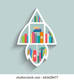 Bookshelf in form of rocket with colorful books on blue pastel color background. Flat design. Vector illustration.