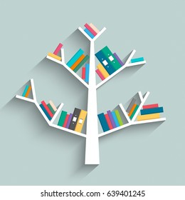 Librería en forma de árbol con coloridos libros sobre fondo azul pastel. Diseño plano. Ilustración vectorial.