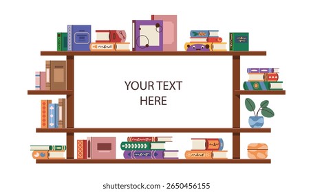 Quadro de biblioteca com texto. Borda de estante horizontal vetorial ou plano de fundo para citação de literatura ou slogan de educação. Mensagem inspiradora para o leitor. Lendo promoção para livraria. Modelo para estudo